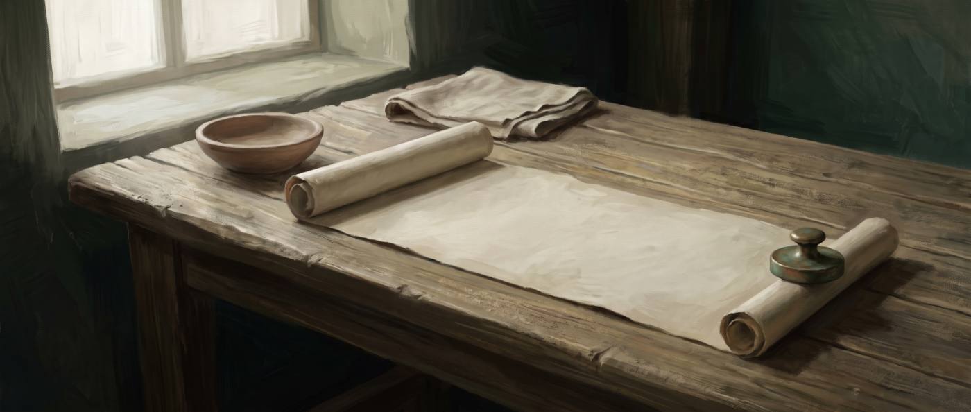 낡은 나무 책상 위에 펼쳐진 빈 두루마리와 놋 문진, 질그릇을 그린 그림