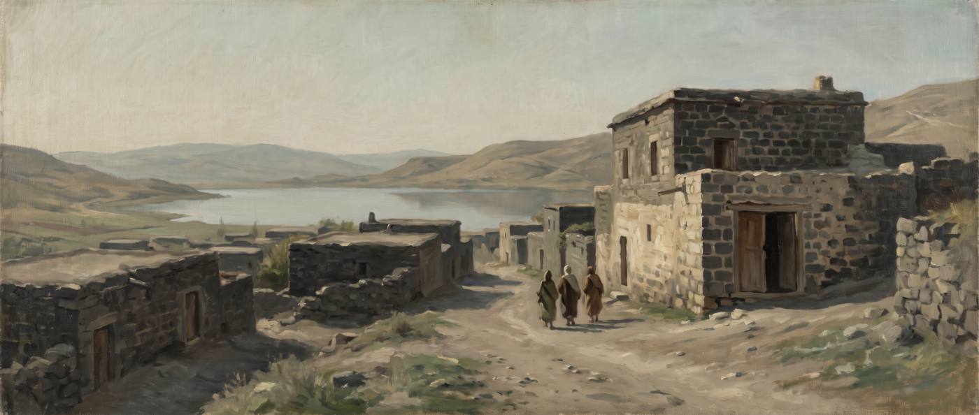 호숫가 언덕의 검은 현무암 마을 그림. 오른쪽에 나무 문이 열린 이층 돌집이 있고, 흙길을 따라 세 사람이 등을 보인 채 그 집 쪽으로 걸어간다. 뒤로 잔잔한 호수와 낮은 산이 보인다