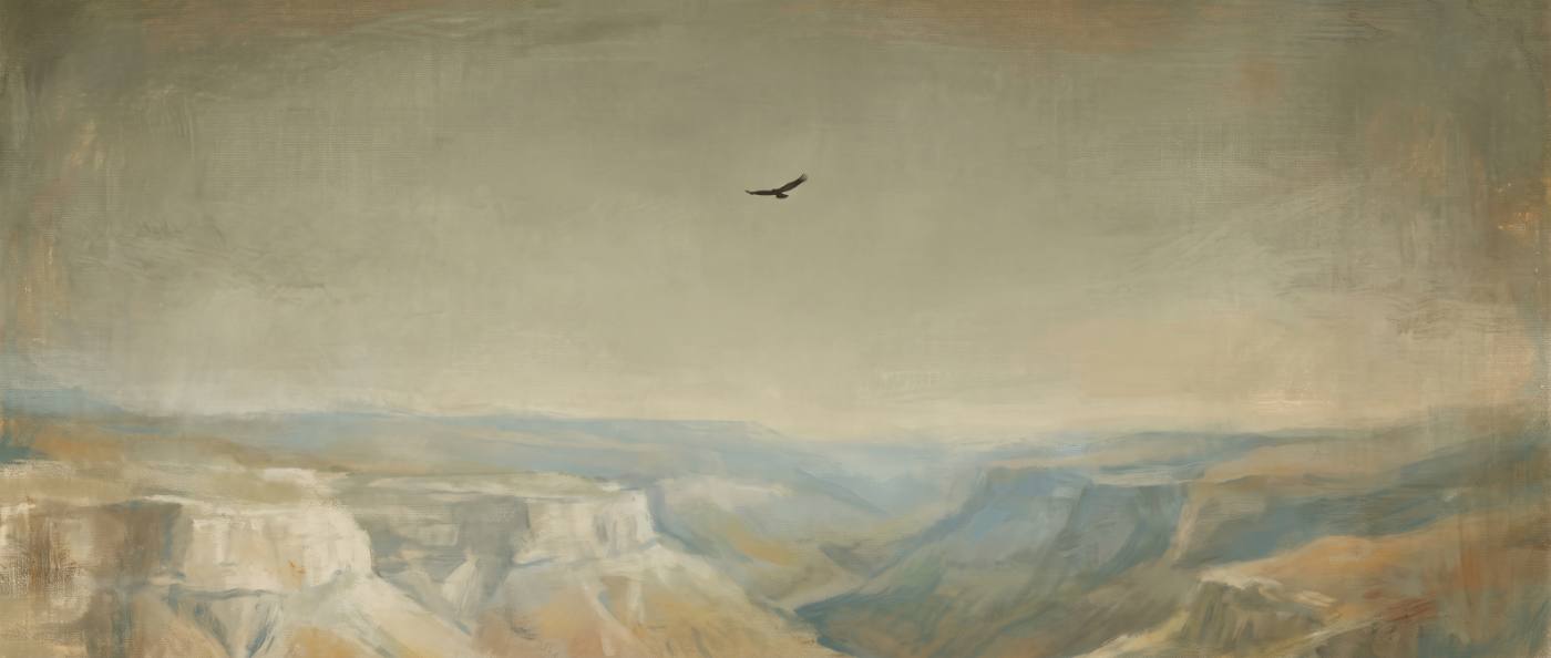 이스라엘 광야의 새벽 하늘을 그린 그림. 창백한 석회암 협곡 위로 큰 새 한 마리가 날개를 편 채 아주 높이 떠 있다