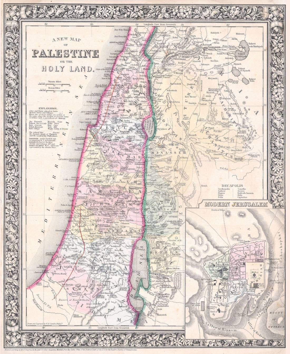 1864년에 그려진 팔레스타인 채색 고지도. 갈릴리·사마리아·유대와 요단 동편이 모두 담겨 있다.
