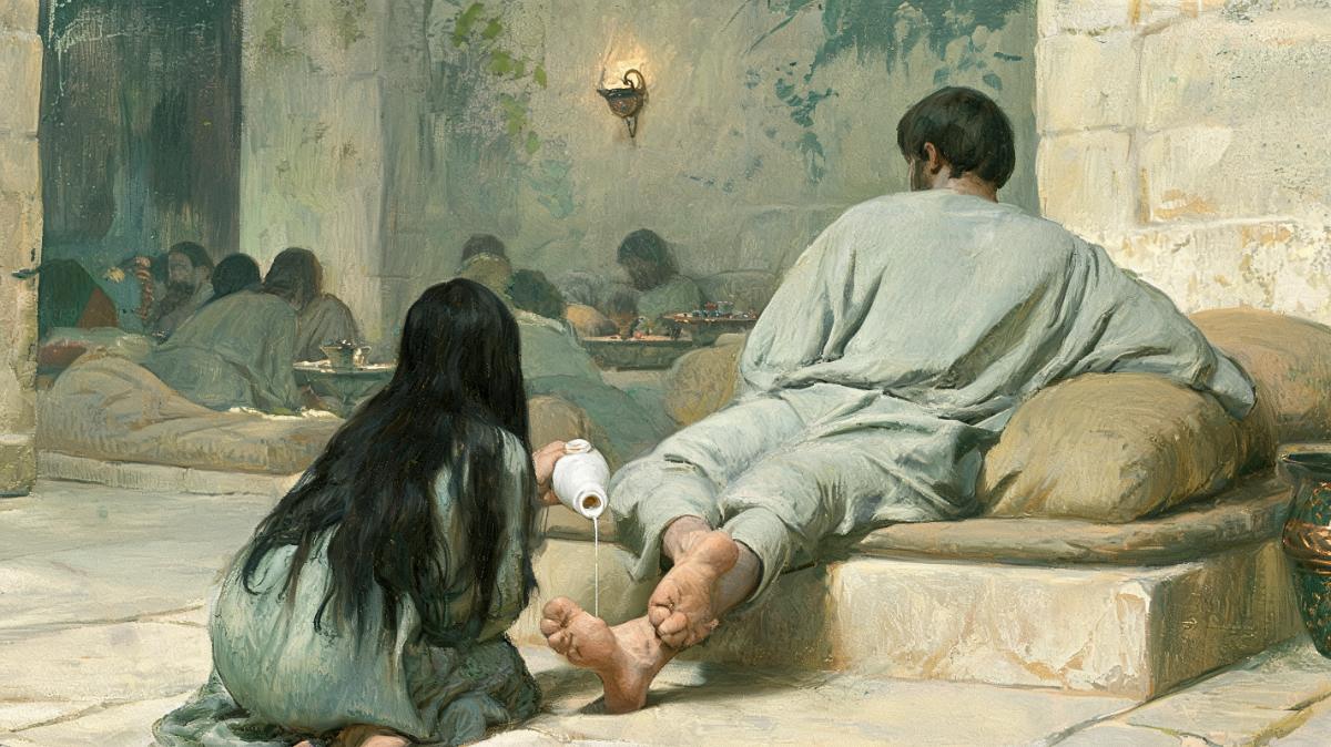 잔칫집 돌바닥에 머리를 길게 풀어 내린 여자가 등을 보인 채 무릎을 꿇고, 긴 의자에 기대 누운 사람의 맨발에 흰 옥합의 향유를 붓는 그림. 누운 사람도 등을 보이고 있고 뒤쪽에 다른 손님들이 흐릿하게 보인다