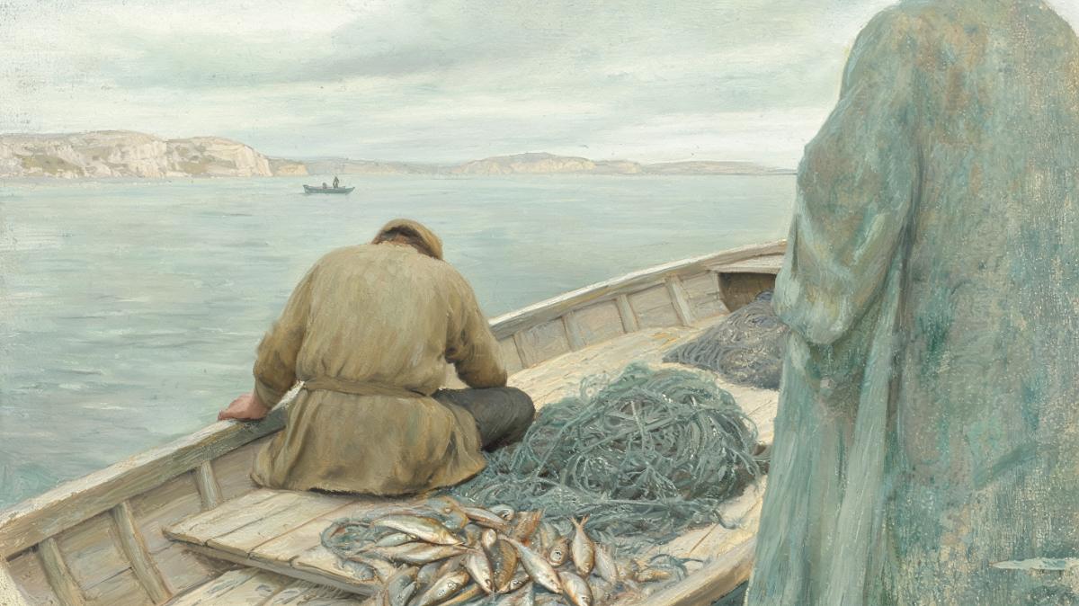 물고기와 그물이 쌓인 배 안에서 한 어부가 등을 보인 채 무릎을 꿇고 고개를 숙인 그림. 그 앞에 선 사람은 청록빛 옷의 뒷모습만 보이고, 멀리 배 한 척이 떠 있다